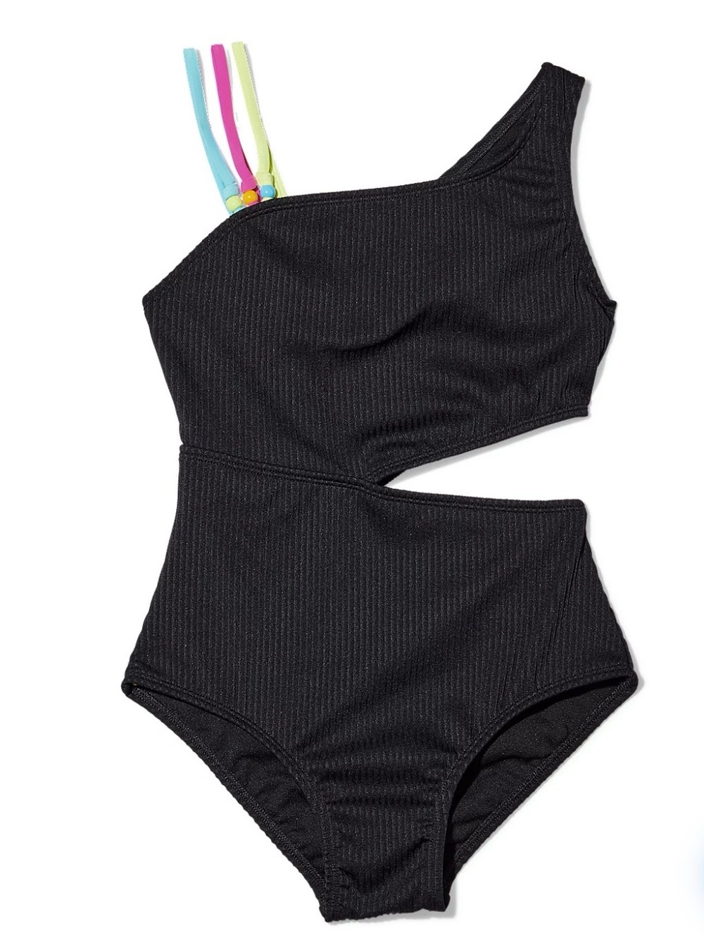 Old Navy Black One-Shoulder Kids Swimsuit with Neon Pink, Blue, Lime Straps